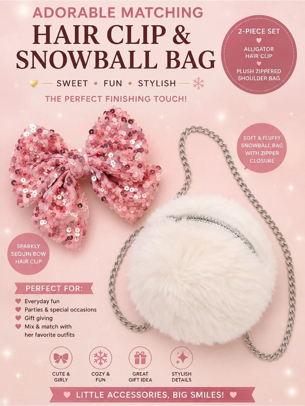 cupcakes & cashmere Pink Sequin Bow Hair Clip with Cream Plush Snowball Bag